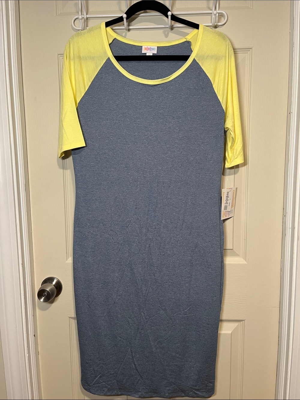 LuLaRoe Blue Grey Dress with Yellow Raglan Sleeves